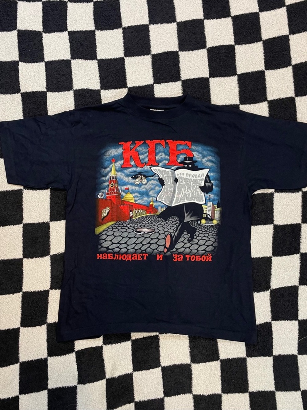 2000s Russian kgb navy blue graphic short sleeve t-shirt size medium